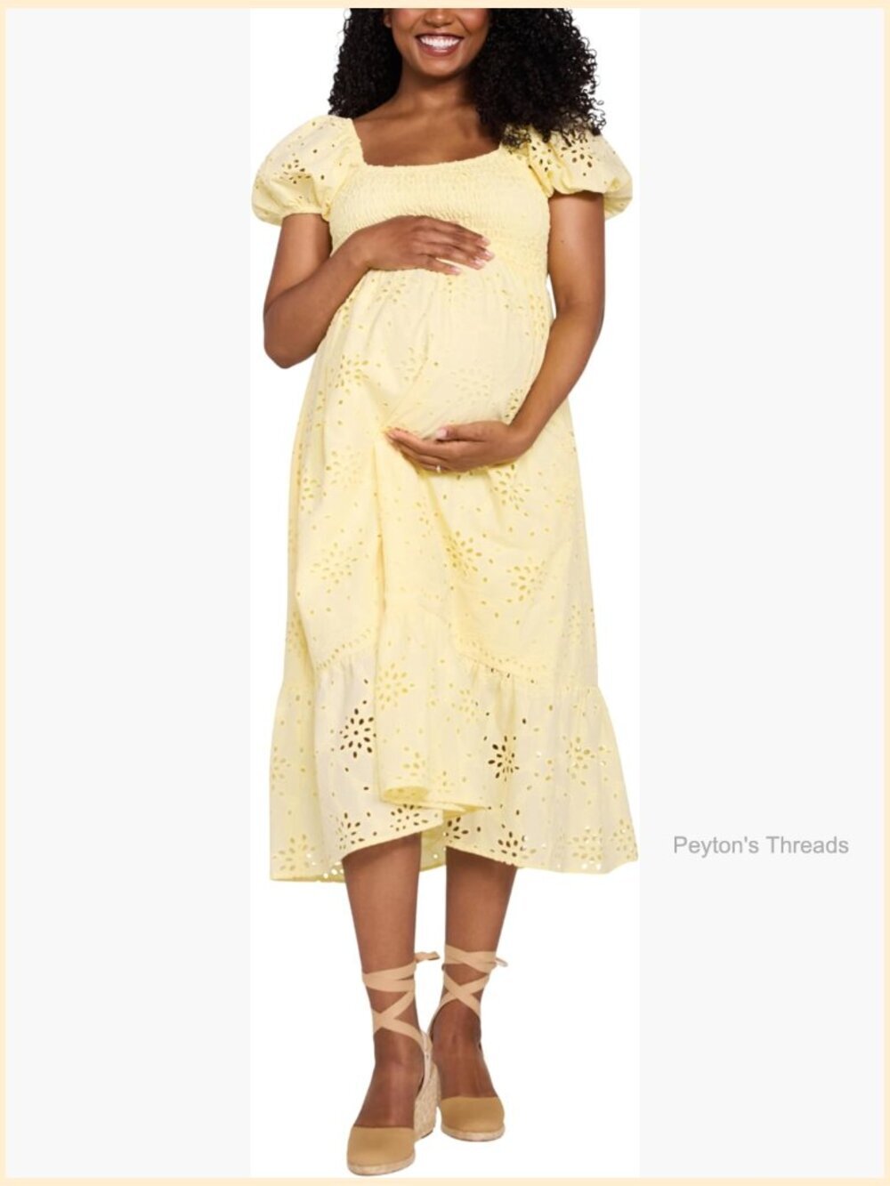 Square Neck Puff Sleeve Smocked Midi Pregnancy Dress